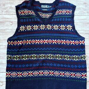 Polo by Ralph Lauren Navy V-Neck Sweater with Multicolor Pattern